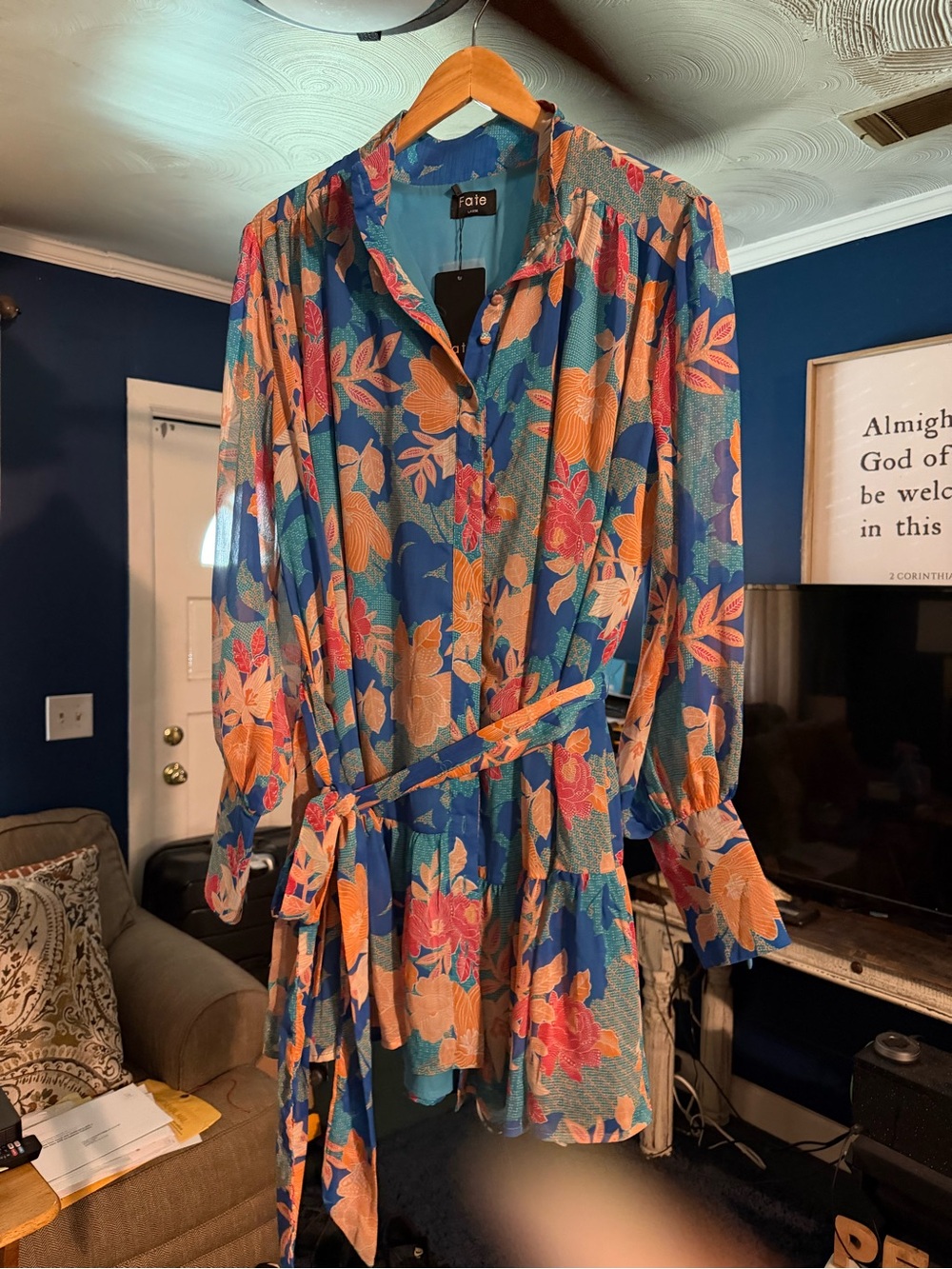 Fate Blue Floral Button-Front Tiered Long Sleeve Dress